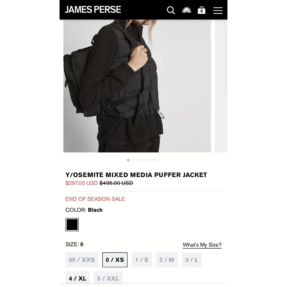 James Perse x Yosemite Mixed Media Jacket Zip Puffer Black Size 1 US Small - Picture 16 of 16